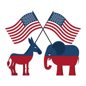 donkey and elephant with American flags facing off (symbols of Democratic and Republican political parties in the US)