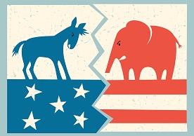 image of a Democratic icon donkey in conflict with a Republican icon elephant