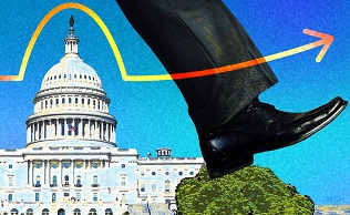 illustration by Michael S. Helfenbein of man's leg stepping over the U.S. Capitol building